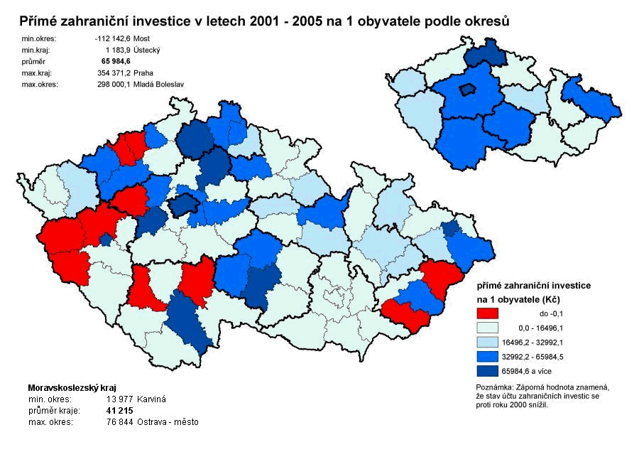 Přímé zahraniční investice v letech 2000 – 2005 na 1 obyvatele podle okresů